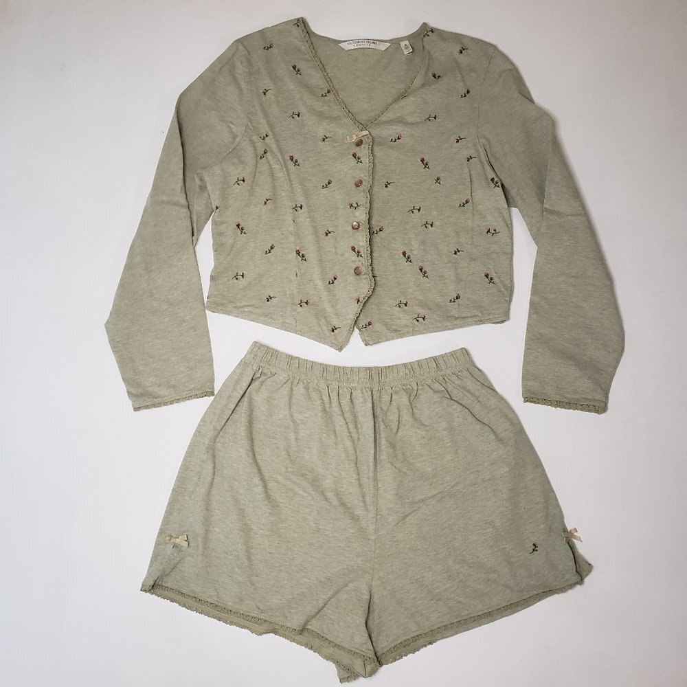 Victoria's Secret Country Sage Green Embroidered Rose Farmhouse Pajama Set Small